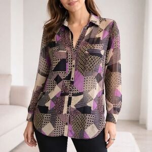 Pleione Sheer Patchwork Print Button-Up Blouse | Purple & Black | Size Small